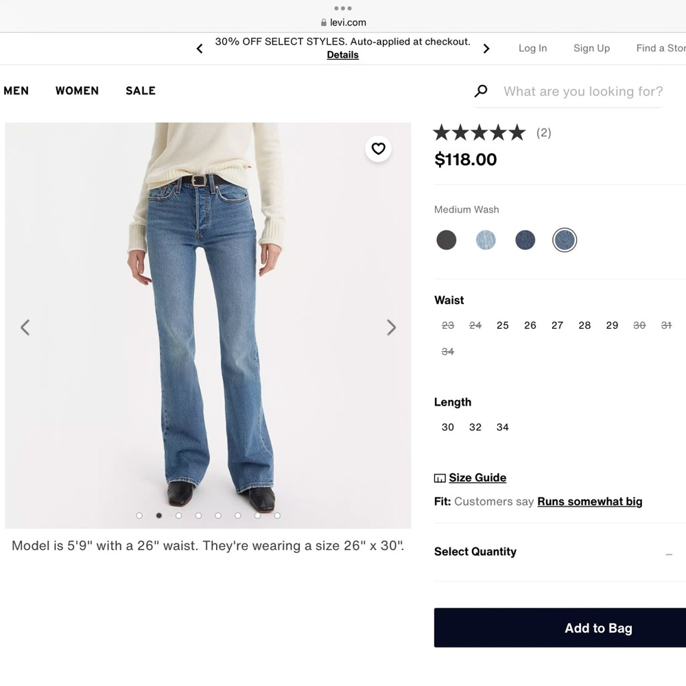 Levi’s 515 Bootcut Jeans, Sz 31W, 30L